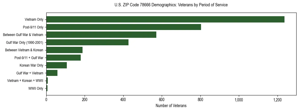 Bar chart showing the distribution of veterans by period of military service in US ZIP Code 78666 based on 2023 ACS data.