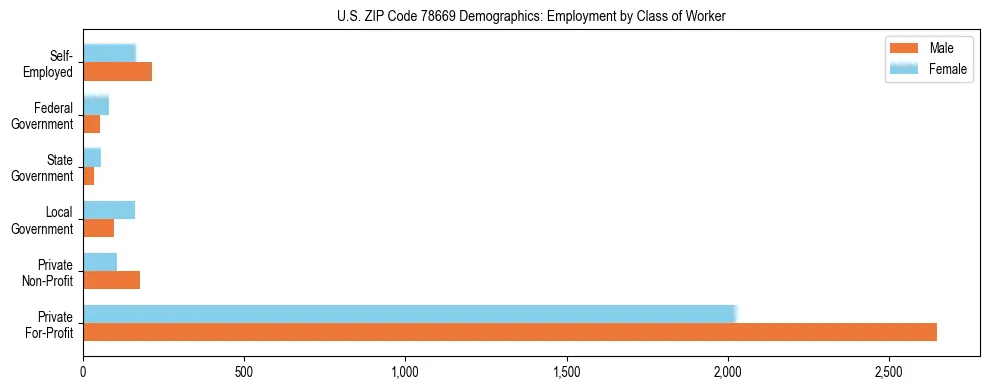 Horizontal bar chart showing employment distribution by class of worker and gender in US ZIP Code 78669, based on 2023 ACS data.