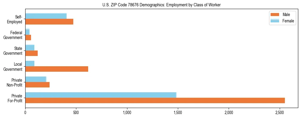 Horizontal bar chart showing employment distribution by class of worker and gender in US ZIP Code 78676, based on 2023 ACS data.