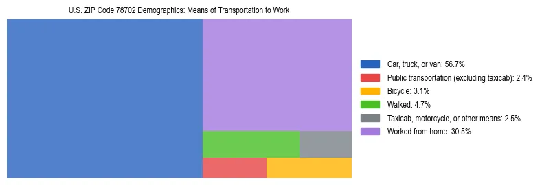 Treemap showing means of transportation to work distribution in US ZIP Code 78702.