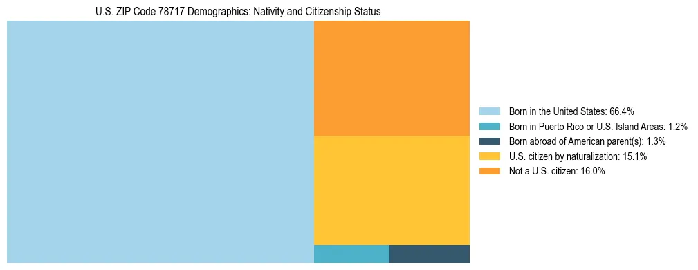 Treemap showing the population distribution by nativity and citizenship status in US ZIP Code 78717 based on U.S. Census data.