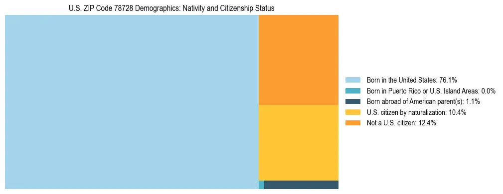 Treemap showing the population distribution by nativity and citizenship status in US ZIP Code 78728 based on U.S. Census data.