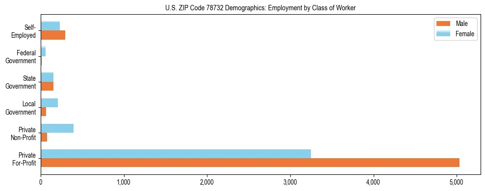 Horizontal bar chart showing employment distribution by class of worker and gender in US ZIP Code 78732, based on 2023 ACS data.