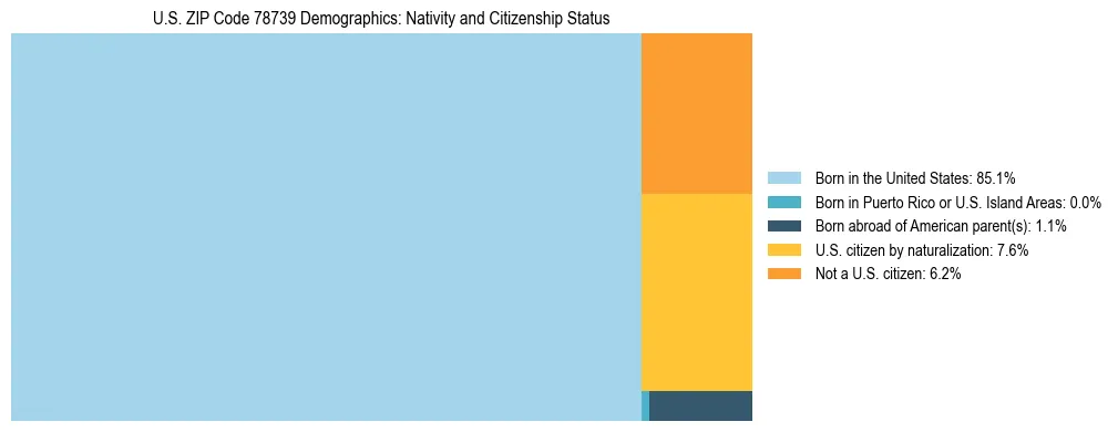 Treemap showing the population distribution by nativity and citizenship status in US ZIP Code 78739 based on U.S. Census data.