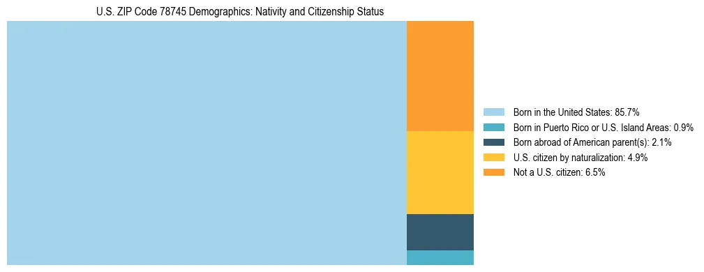 Treemap showing the population distribution by nativity and citizenship status in US ZIP Code 78745 based on U.S. Census data.