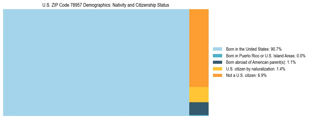 Treemap showing the population distribution by nativity and citizenship status in US ZIP Code 78957 based on U.S. Census data.