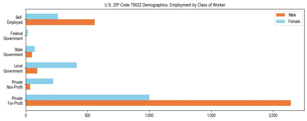 Horizontal bar chart showing employment distribution by class of worker and gender in US ZIP Code 79022, based on 2023 ACS data.