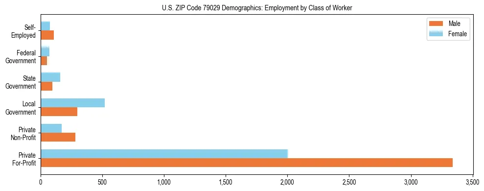 Horizontal bar chart showing employment distribution by class of worker and gender in US ZIP Code 79029, based on 2023 ACS data.