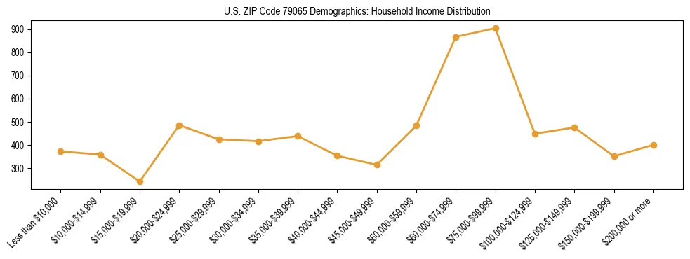 Horizontal bar chart showing household income distribution in US ZIP Code 79065.