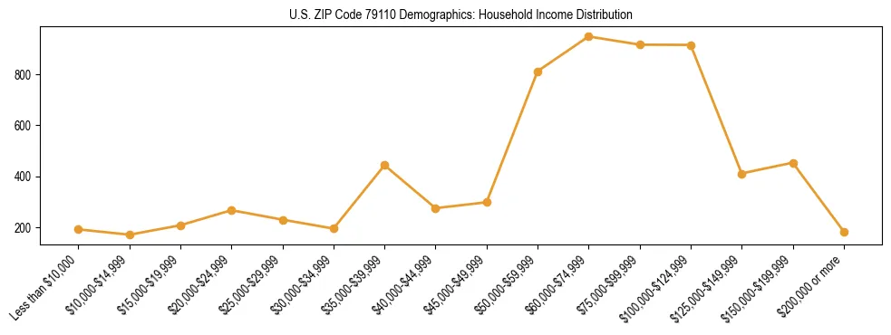 Horizontal bar chart showing household income distribution in US ZIP Code 79110.