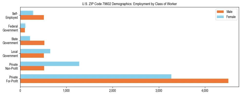 Horizontal bar chart showing employment distribution by class of worker and gender in US ZIP Code 79602, based on 2023 ACS data.