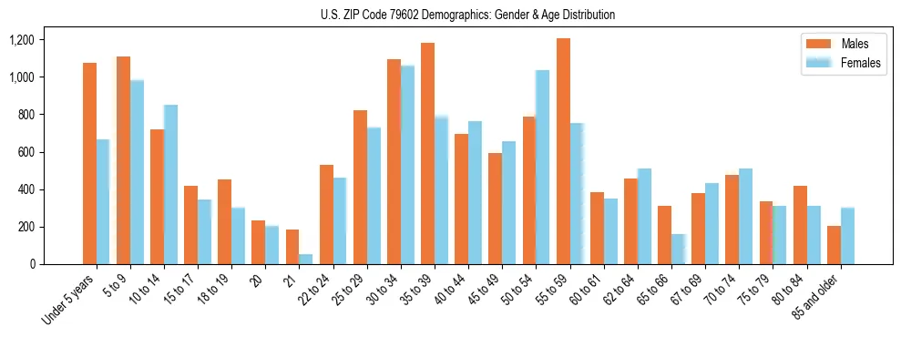 Bar chart showing the population distribution of US ZIP Code 79602 by age group and gender, based on 2023 ACS data.