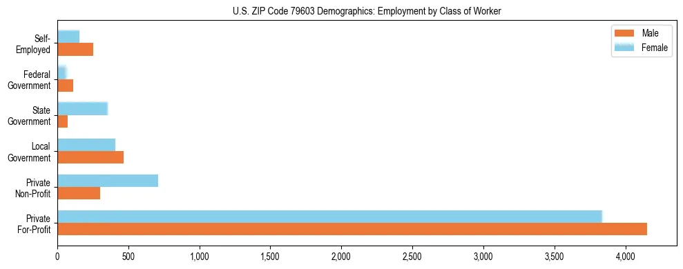Horizontal bar chart showing employment distribution by class of worker and gender in US ZIP Code 79603, based on 2023 ACS data.
