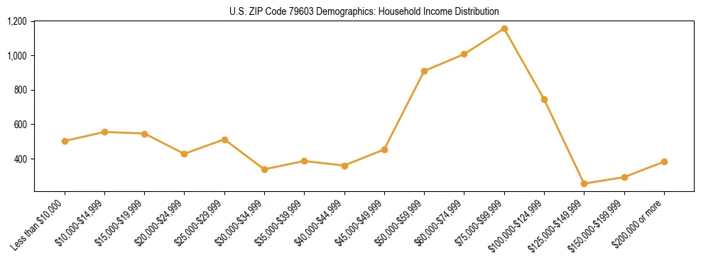 Horizontal bar chart showing household income distribution in US ZIP Code 79603.