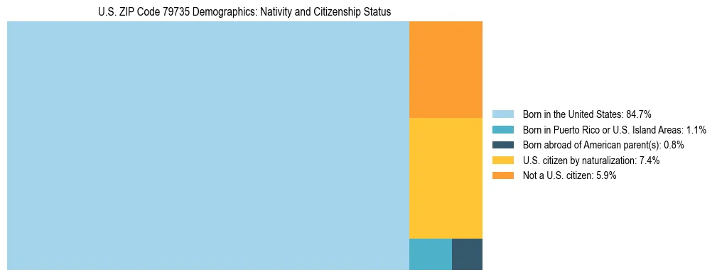 Treemap showing the population distribution by nativity and citizenship status in US ZIP Code 79735 based on U.S. Census data.