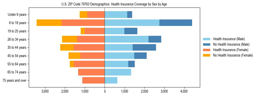 Pyramid chart showing health insurance coverage by age and sex in US ZIP Code 79763.
