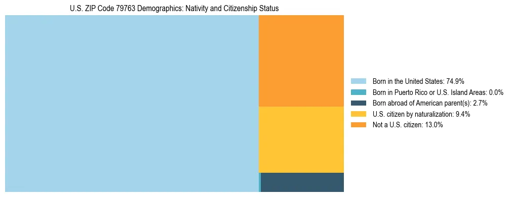 Treemap showing the population distribution by nativity and citizenship status in US ZIP Code 79763 based on U.S. Census data.