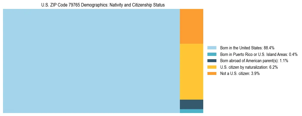 Treemap showing the population distribution by nativity and citizenship status in US ZIP Code 79765 based on U.S. Census data.