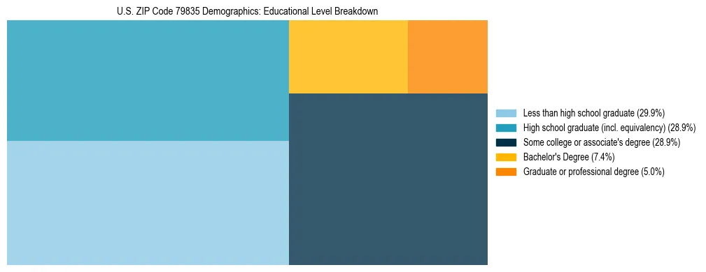 Treemap chart illustrating the educational attainment breakdown for population 25 years and over in US ZIP Code 79835.
