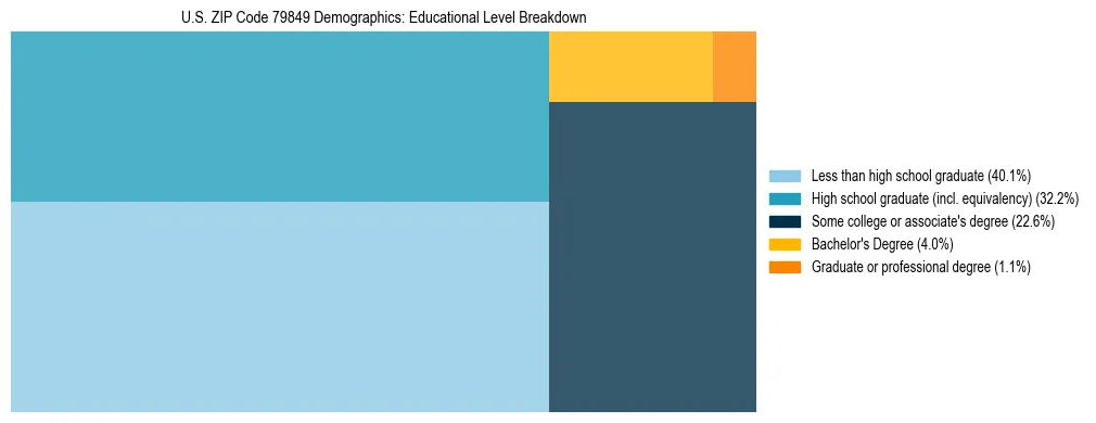 Treemap chart illustrating the educational attainment breakdown for population 25 years and over in US ZIP Code 79849.