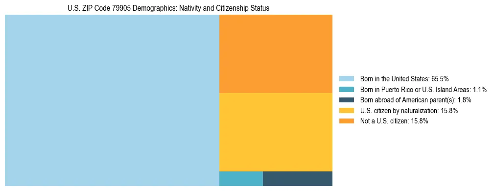 Treemap showing the population distribution by nativity and citizenship status in US ZIP Code 79905 based on U.S. Census data.