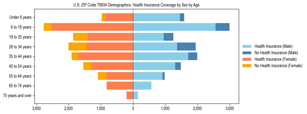 Pyramid chart showing health insurance coverage by age and sex in US ZIP Code 79934.