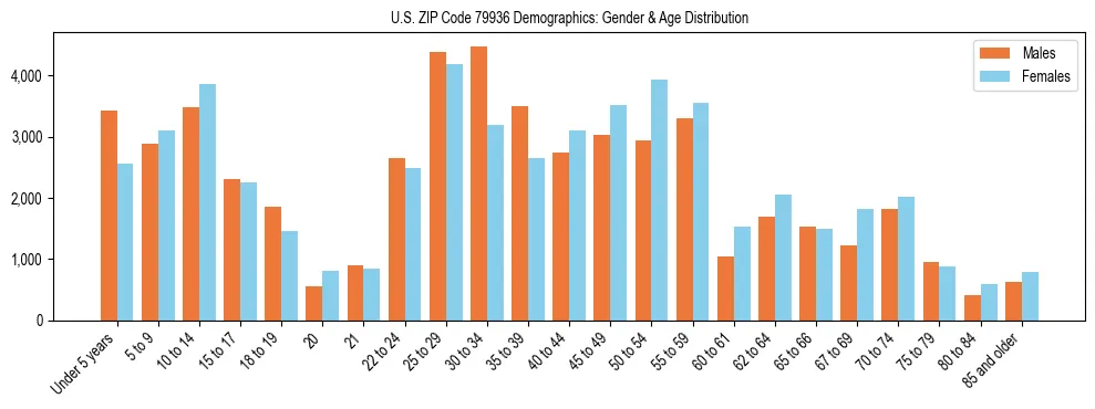 Bar chart showing the population distribution of US ZIP Code 79936 by age group and gender, based on 2023 ACS data.