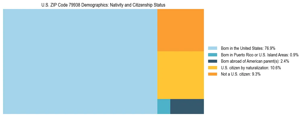 Treemap showing the population distribution by nativity and citizenship status in US ZIP Code 79938 based on U.S. Census data.