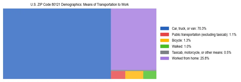 Treemap showing means of transportation to work distribution in US ZIP Code 80121.