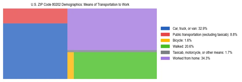 Treemap showing means of transportation to work distribution in US ZIP Code 80202.