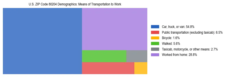 Treemap showing means of transportation to work distribution in US ZIP Code 80204.