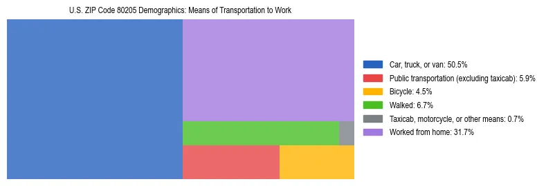 Treemap showing means of transportation to work distribution in US ZIP Code 80205.