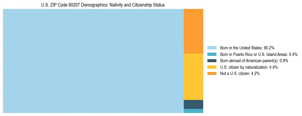 Treemap showing the population distribution by nativity and citizenship status in US ZIP Code 80207 based on U.S. Census data.