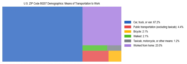 Treemap showing means of transportation to work distribution in US ZIP Code 80207.