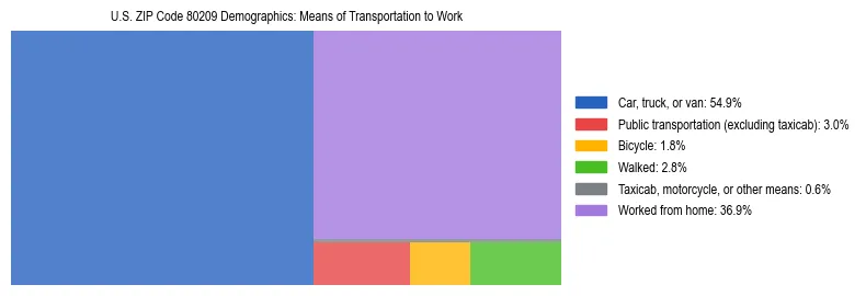 Treemap showing means of transportation to work distribution in US ZIP Code 80209.