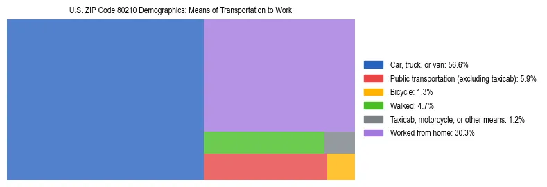 Treemap showing means of transportation to work distribution in US ZIP Code 80210.