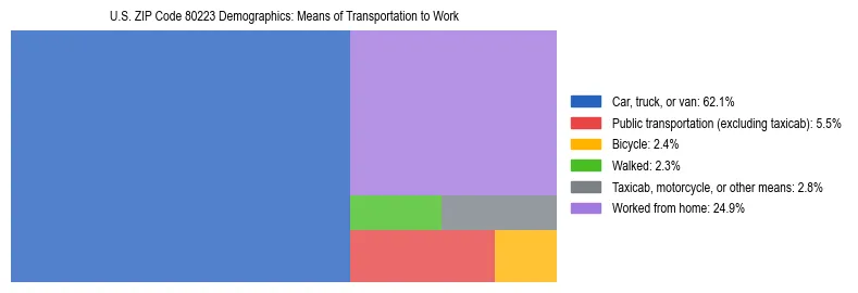 Treemap showing means of transportation to work distribution in US ZIP Code 80223.