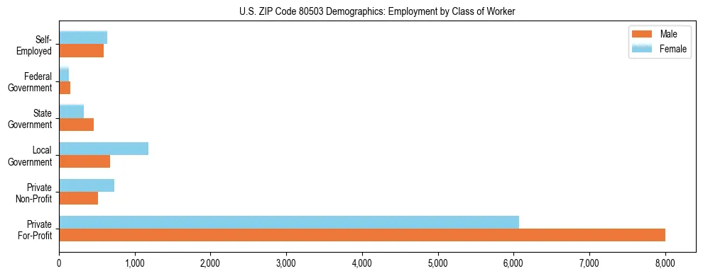 Horizontal bar chart showing employment distribution by class of worker and gender in US ZIP Code 80503, based on 2023 ACS data.