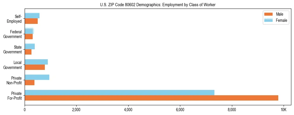 Horizontal bar chart showing employment distribution by class of worker and gender in US ZIP Code 80602, based on 2023 ACS data.