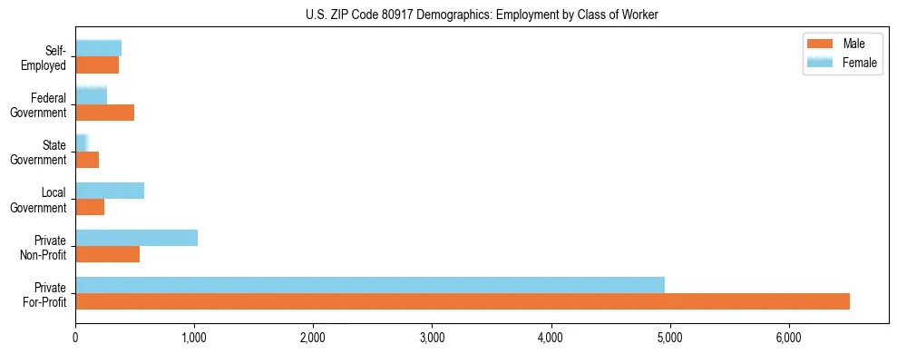 Horizontal bar chart showing employment distribution by class of worker and gender in US ZIP Code 80917, based on 2023 ACS data.