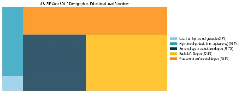 Treemap chart illustrating the educational attainment breakdown for population 25 years and over in US ZIP Code 80919.