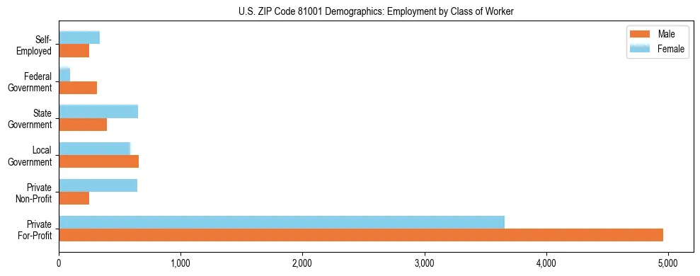 Horizontal bar chart showing employment distribution by class of worker and gender in US ZIP Code 81001, based on 2023 ACS data.