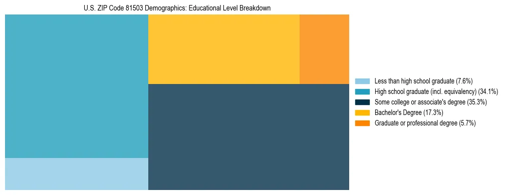 Treemap chart illustrating the educational attainment breakdown for population 25 years and over in US ZIP Code 81503.