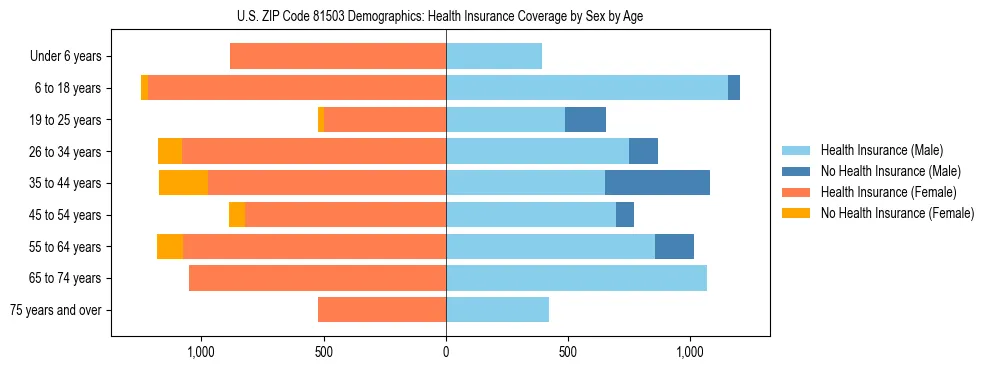 Pyramid chart showing health insurance coverage by age and sex in US ZIP Code 81503.