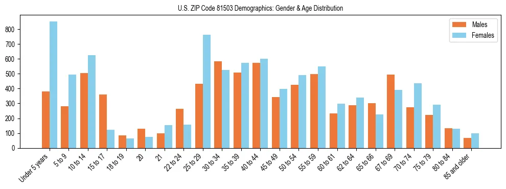 Bar chart showing the population distribution of US ZIP Code 81503 by age group and gender, based on 2023 ACS data.