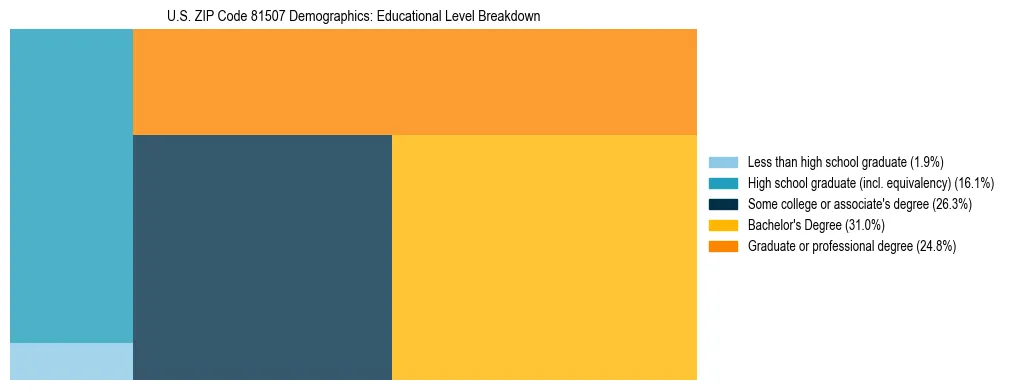 Treemap chart illustrating the educational attainment breakdown for population 25 years and over in US ZIP Code 81507.