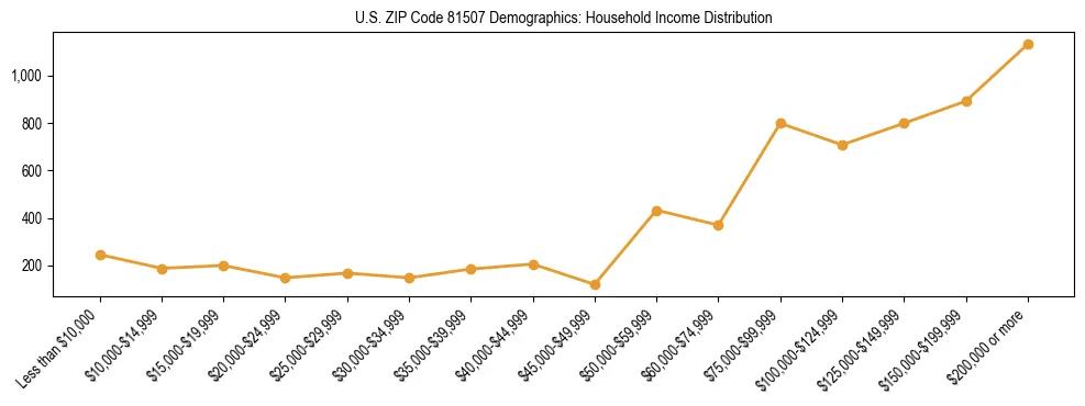 Horizontal bar chart showing household income distribution in US ZIP Code 81507.