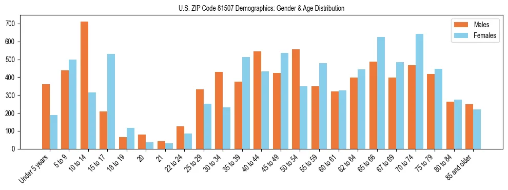 Bar chart showing the population distribution of US ZIP Code 81507 by age group and gender, based on 2023 ACS data.