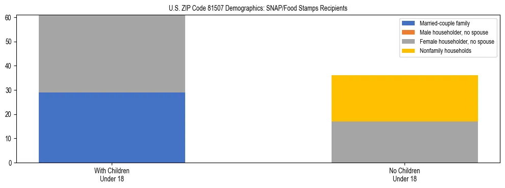 Stacked bar chart showing SNAP/Food Stamps recipient household composition by presence of children under 18 in US ZIP Code 81507, based on 2023 ACS data.