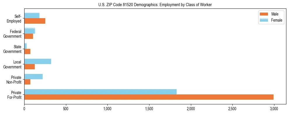Horizontal bar chart showing employment distribution by class of worker and gender in US ZIP Code 81520, based on 2023 ACS data.